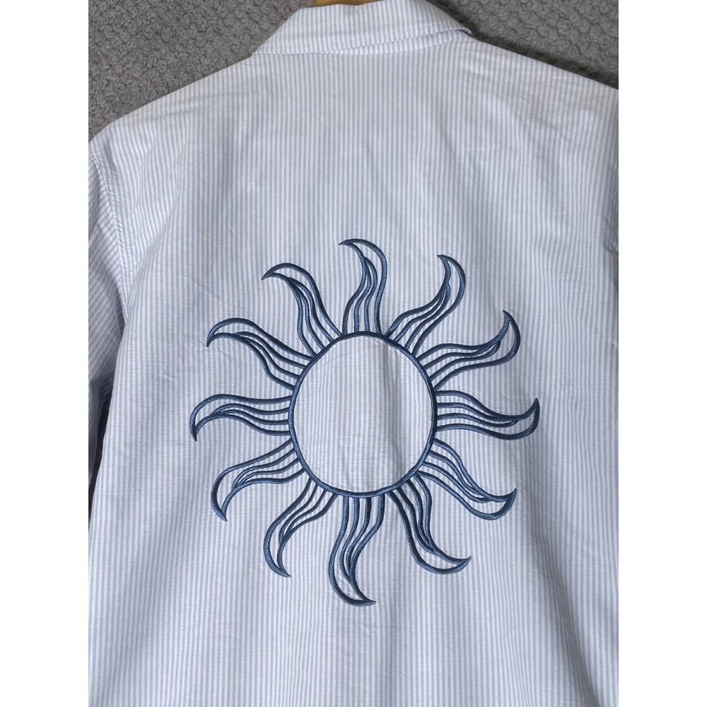 Boho Striped Button Down Shirt Embroidered Medium Celestial Minimalist Preppy - Picture 4 of 8